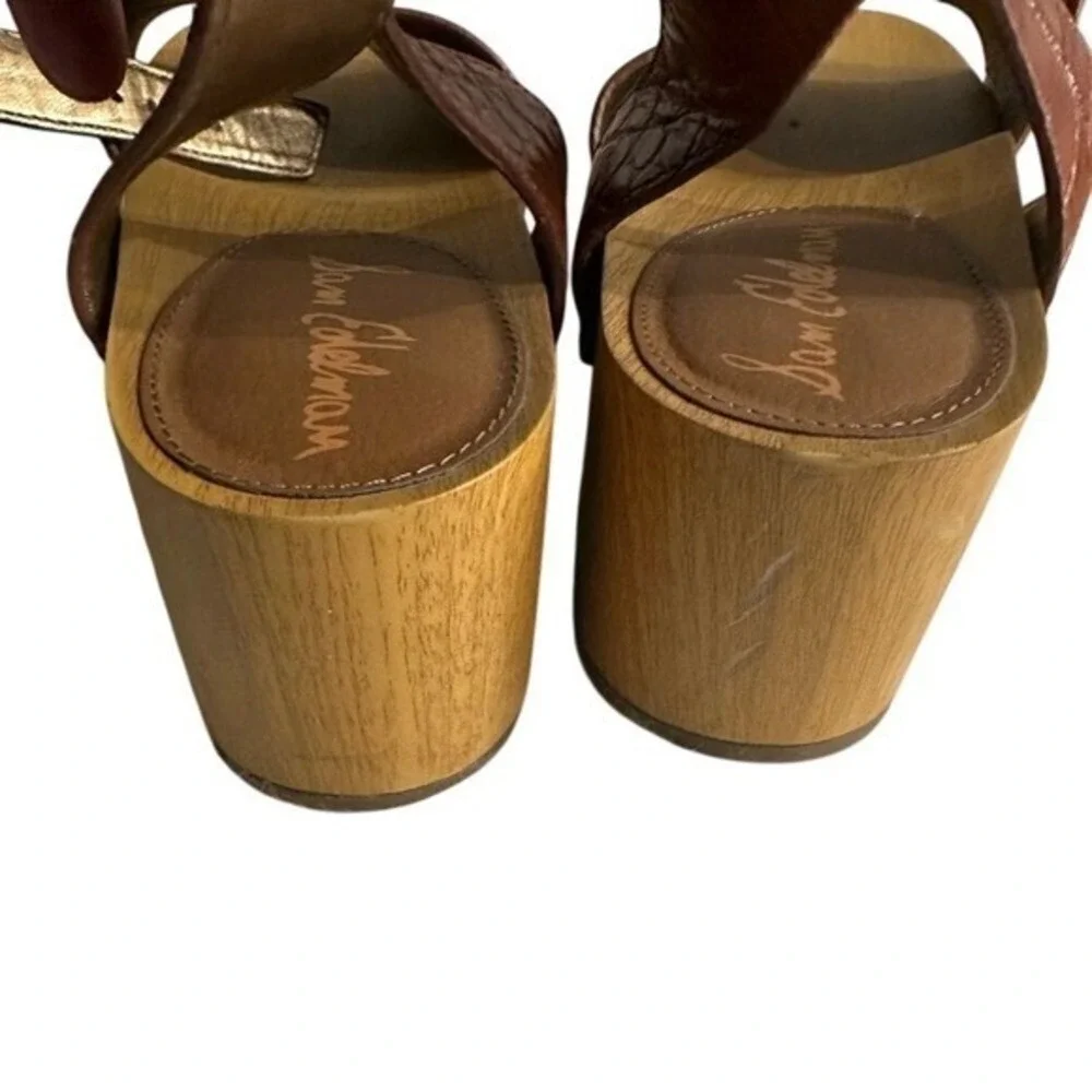 Sam‎ Edelman Brown Leather Croc Slingback Wood Platform Clog Sandals Size 10